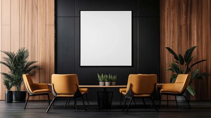 Modern interior design with a square blank frame on a black wall, surrounded by wooden panels, four yellow chairs, a coffee table with plants, and two large potted plants.