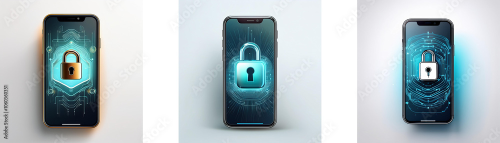 Poster three smartphones with different colored padlock icons on the screen.