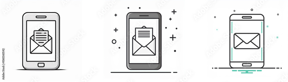 Aufkleber three smartphones with a mail icon on the screen, one with a detailed letter, one with a simple enve