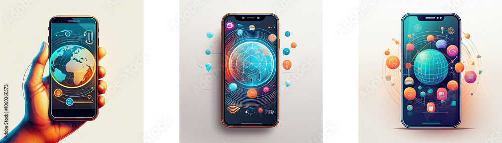 Poster A hand holds a smartphone with a globe on the screen surrounded by floating colorful spheres, two other phones show similar images, one with a more stylized globe and another with even more spheres.