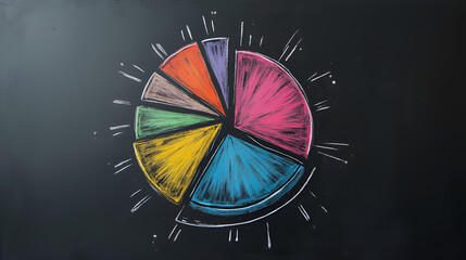 Colorful pie chart drawn with chalk on a blackboard, illustrating data distribution in an educational setting during a classroom session