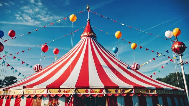 Brightly adorned circus tent featuring red and white stripes, surrounded by colorful balloons and flags under a vibrant blue sky, evoking a festive atmosphere.