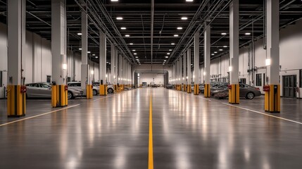 Spacious indoor parking garage with polished concrete floors and yellow-striped pillars lining parked cars