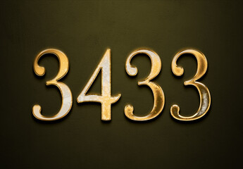 Old gold effect of 3433 number with 3D glossy style Mockup.