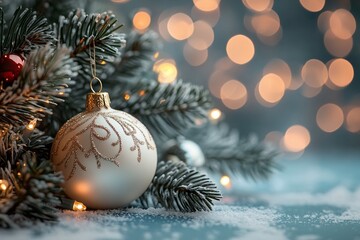 A decorative holiday ornament hangs delicately on frosted pine branches, surrounded by soft snow and glowing bokeh lights, evoking a warm festive spirit
