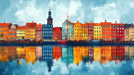 Obraz premium Copenhagen, Denmark, Pop Art style theme print. Cityscape, city skyline.Vibrant, bright, modern, trendy, graphic designed for poster, card, wallpaper
