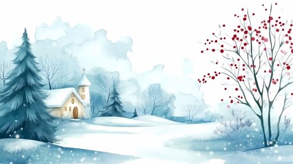 Naklejka premium Winter landscape watercolor illustration, style of a children's book