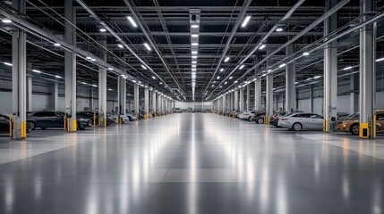 Spacious indoor parking garage with rows of parked cars and reflective polished concrete floor under bright ceiling lights.