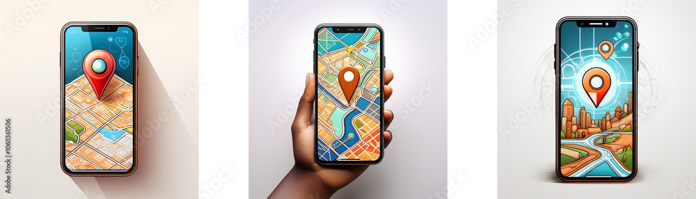 Leinwandbilder three smartphones with maps displayed on their screen, with a pin pointing to a location.