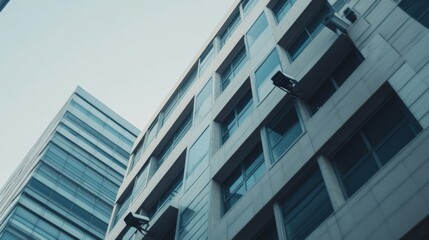 A sleek office building equipped with surveillance cameras watches over its surroundings, ensuring security in a busy city area. Generative AI