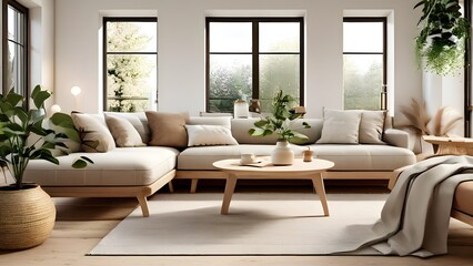 Obraz premium Scandinavian Inspired Living Room with Cozy Neutrals, Soft Lighting, and Lush Greenery for a Calming Atmosphere (99)