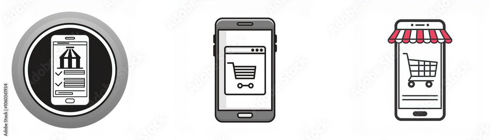 Aufkleber three different depictions of a smartphone screen showing various online shopping icons.