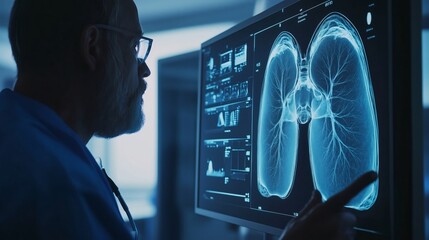 A doctor is examining a patients lung xray on a screen