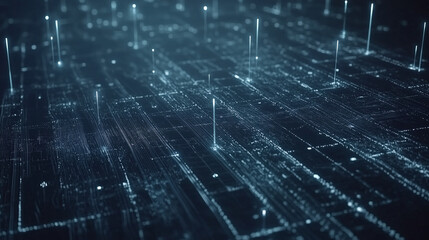 Naklejka premium Dark abstract backdrop with blue pins and light traces representing the boundless AI network in the age of digital transformation and quantum advancements