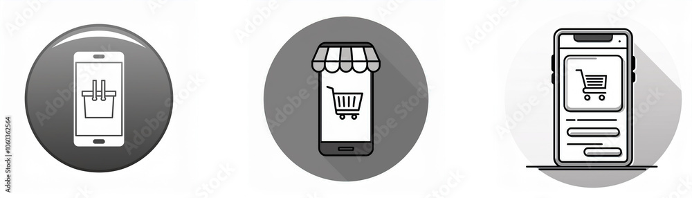 Poster Three grayscale icons depict a smartphone with a shopping cart displayed on the screen.