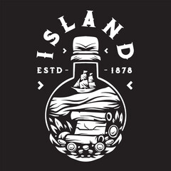 Vintage illustration of a bottle logo with a treasure map inside