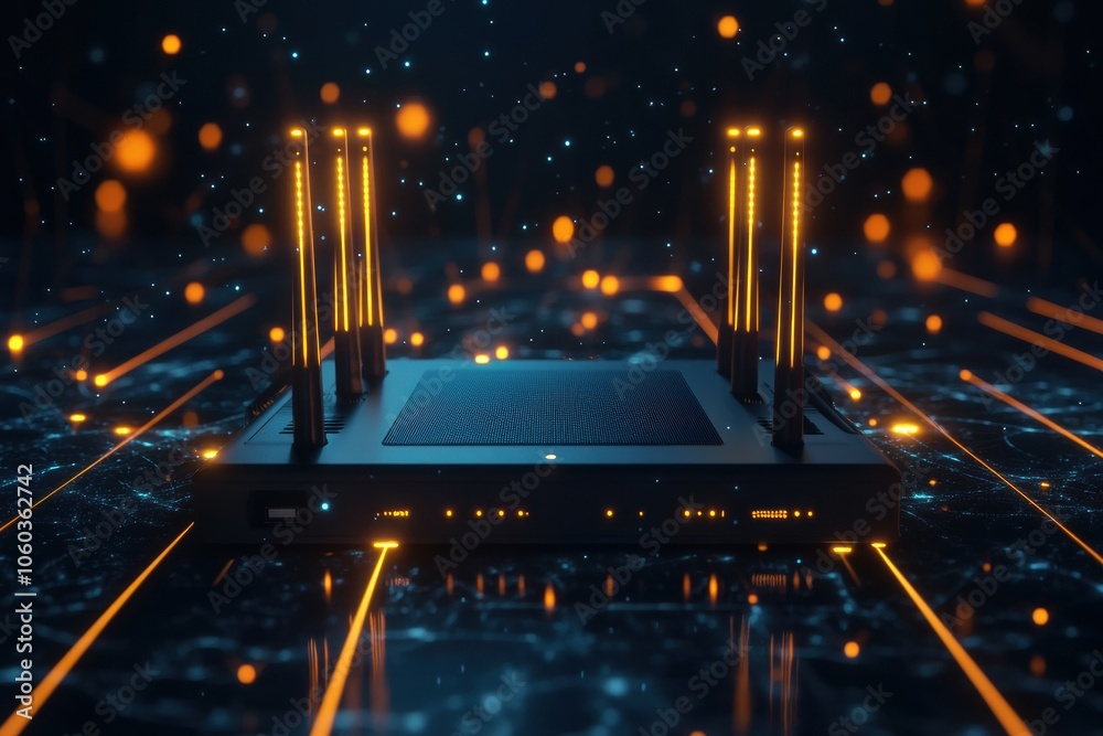 Poster A network router with illuminated antennas is surrounded by glowing lines and cables, creating a dynamic digital atmosphere at night. Generative AI