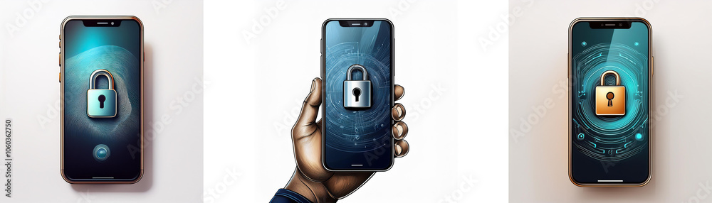 Poster three smartphones displayed on a white background, each with a padlock icon on the screen, represent