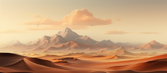 Naklejka premium A serene desert landscape with mountains and soft clouds at sunset.