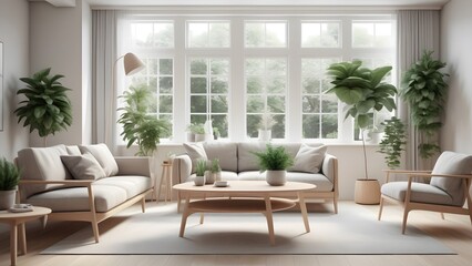Fototapeta premium Modern Minimalist Living Space with Large Windows, Natural Light, and Earthy Decor Creating an Inviting Ambiance (2)