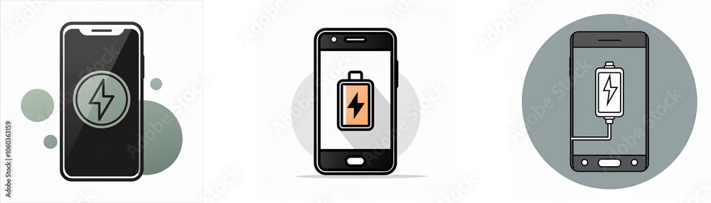 Poster three different illustrations of smartphones with a battery and lightning bolt icons on the screen.