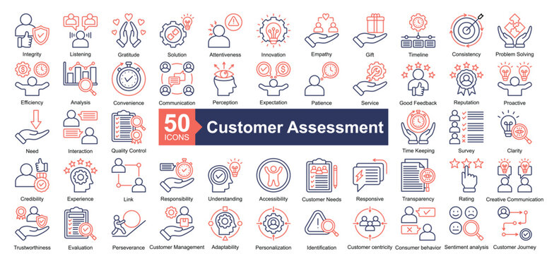 Customer Assessment icon collection set. Containing Integrity, Listening, Gratitude, Solution, Attentiveness, Innovation, Empathy, Gift, Timeline icon. Simple dual tone illustration.