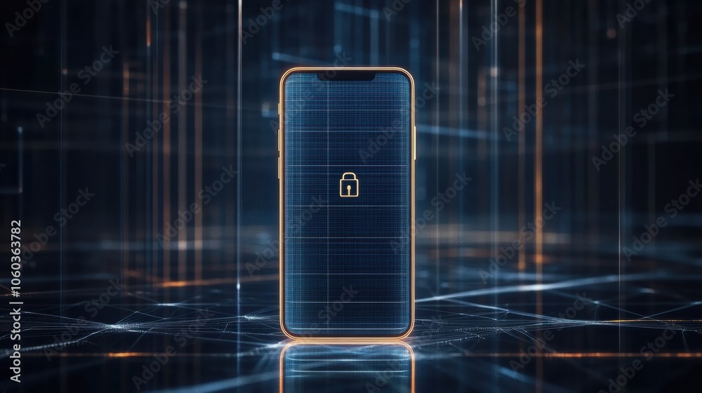 Poster a smartphone featuring a prominent lock icon on its screen stands out against a futuristic digital b