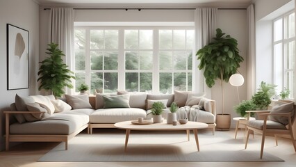 Fototapeta premium Modern Minimalist Living Space with Large Windows, Natural Light, and Earthy Decor Creating an Inviting Ambiance (15)