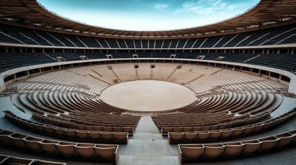 Wide-angle view of an empty circular amphitheater with tiered seating and open sky above