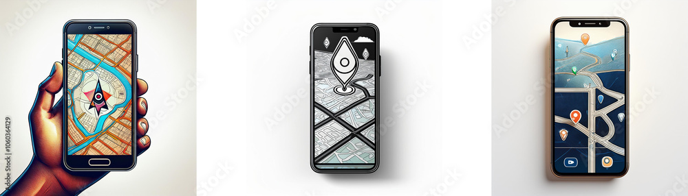 Leinwandbilder three smartphones displaying maps with varying degrees of detail and styles.