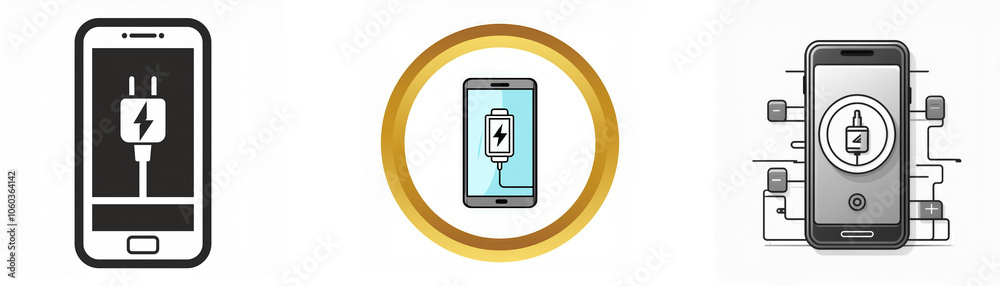Aufkleber A smartphone with a charging icon on the screen, the middle image depicts a similar image encased in a golden circle, the last image shows the same charging image on a smartphone connected to many var