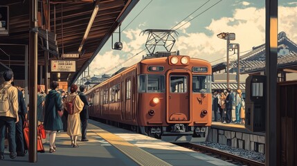 A detailed scene of a local train pulling into a railway station platform in Japan, with people in modern and traditional attire boarding and alighting