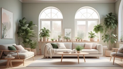 Fototapeta premium Modern Minimalist Living Space with Large Windows, Natural Light, and Earthy Decor Creating an Inviting Ambiance (28)