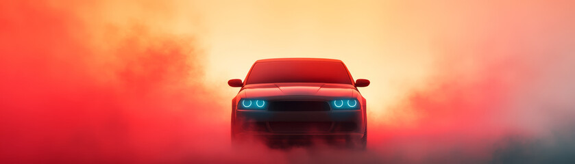 striking car emerges from colorful smoke, showcasing its bold design and glowing headlights. vibrant hues create dramatic atmosphere, enhancing vehicle presence