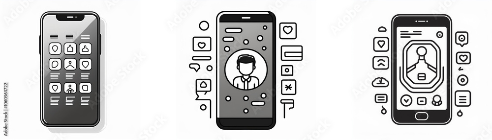 Aufkleber Three smartphones, two with app icons and one with a minimalist app layout, all against a white background.