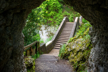 View of the Devil's Bridge near Inzigkofen, Germany. The Danube river is floating in the valley on the right side.