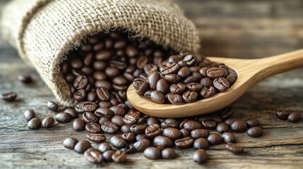 Rustic Coffee Scene Featuring a Wooden Spoon Filled with Premium Coffee Beans Spilling onto a Table Next to an Old Burlap Sack, Capturing Intricate Details and Warm Atmosphere