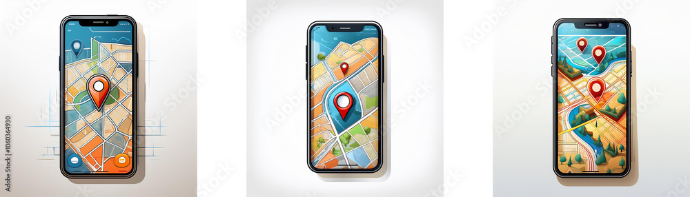 Leinwandbilder three smartphones on a white background, each displaying a map application with a red pin marking a 