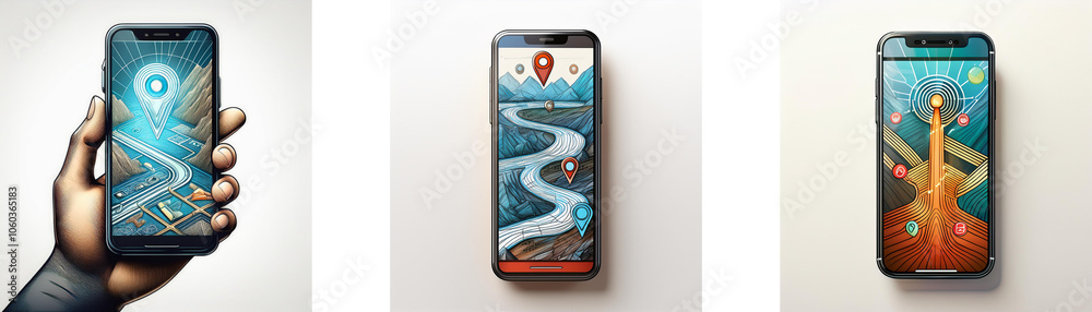 Aufkleber three smartphones displaying different phone screen backgrounds with a landscape view.