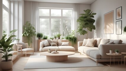 Fototapeta premium Modern Minimalist Living Space with Large Windows, Natural Light, and Earthy Decor Creating an Inviting Ambiance (36)