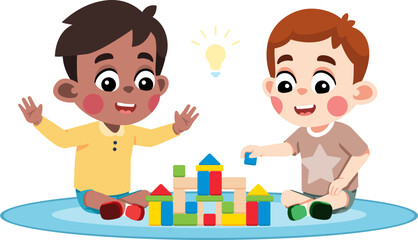 Obraz premium Kid Helping a Friend Build Something With Blocks