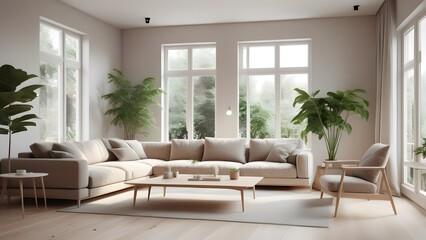 Fototapeta premium Modern Minimalist Living Space with Large Windows, Natural Light, and Earthy Decor Creating an Inviting Ambiance (37)