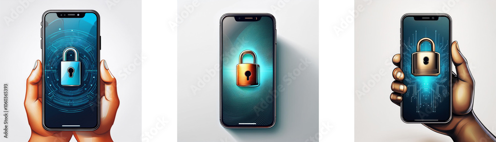 Aufkleber three different perspectives of a smartphone, each with a lock icon on the screen, showcasing mobile