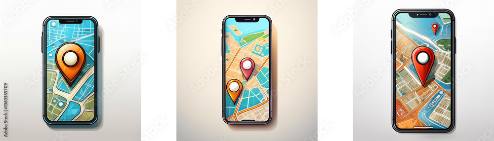 Leinwandbilder three smartphones with different colored location pin icons on a map displayed on the screen.