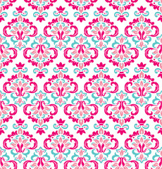 Damask wallpaper,pink and turquoise seamless pattern. Vector illustration