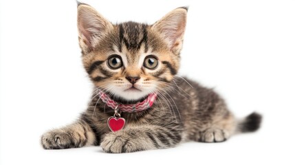 Obraz premium Cute kitten wearing a Valentine-themed collar with heart charm, isolated on white
