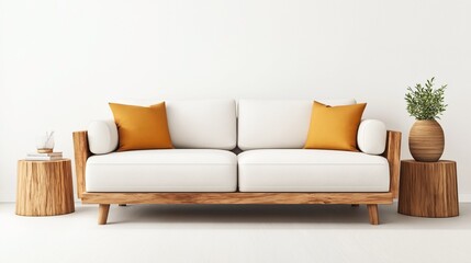 Fototapeta premium Minimalist living room interior with white sofa, wooden side tables, orange pillows, books, decorative plant in vase, and neutral wall backdrop