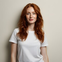 Closeup of happy attractive young woman with long wavy red hair and freckles wears stylish t shirt looks happy and smiling isolated over white background, T-shirt