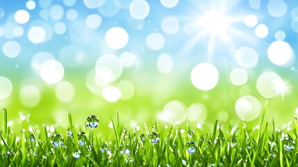 Obraz premium Dewy Grass Under Sunny Sky Minimalist White Background with Space for Text