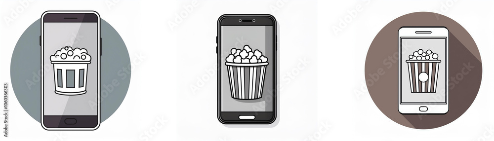 Leinwandbilder Three different styles of smartphone icons with an image of a popcorn bucket.